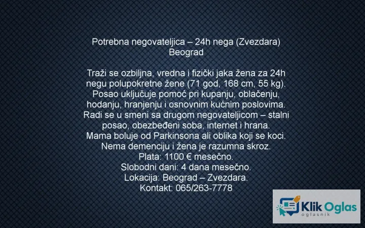 Potrebna negovateljica – 24h nega (Zvezdara) Beograd