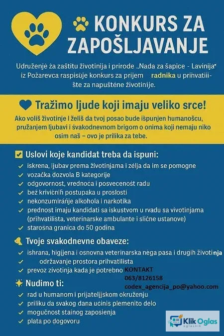 Potreban radnik u prihvatilištu za životinje !!