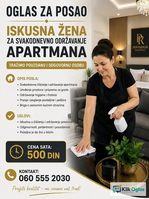 Potrebna žena za održavanje apartmana