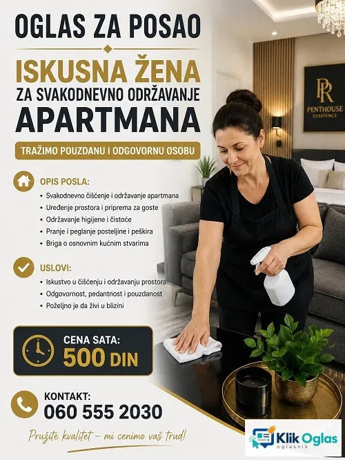 Potrebna žena za održavanje apartmana — Požarevac, slika 1